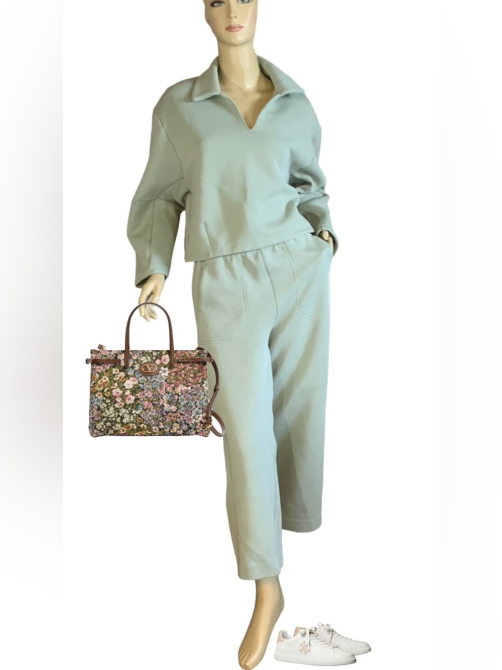 BANANA REPUBLIC SAGE GREEN SCUBA POPOVER SWEATSHIRT & MATCHING SWEATPANTS  (S)